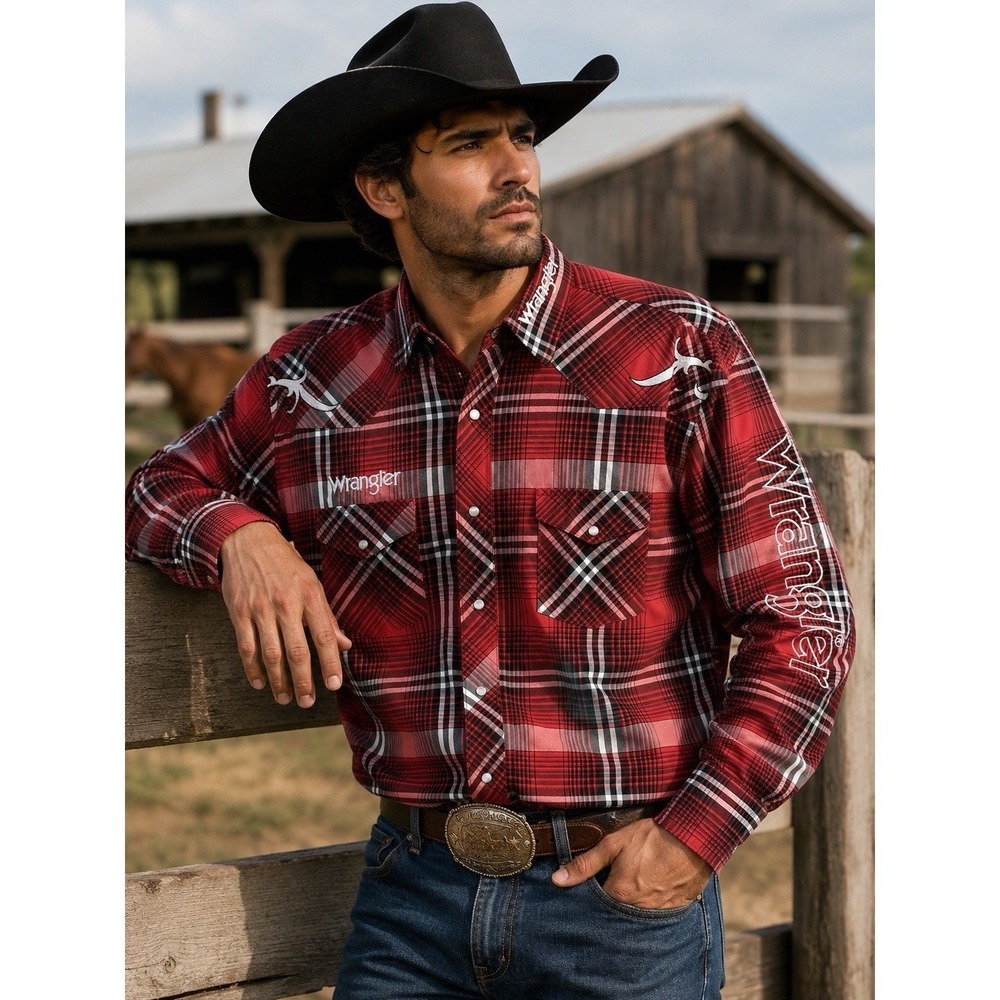 Wrangler Western Men's XL Long Sleeve Pearl Snap Shirt Red Plaid Spell Out Rodeo